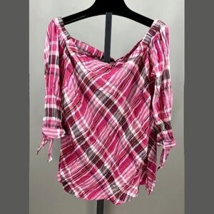 NEW Ralph Lauren Shirt Womens Large pink red black plaid off shoulder
